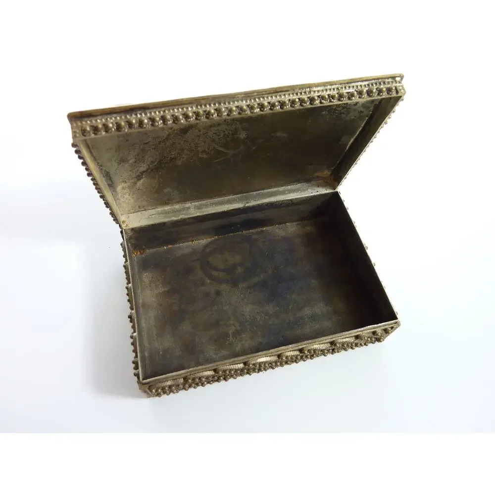 Vintage Tibetan Filigree Brass Trinket Box Nepal Tigers Eye Jewelry Chest MCM